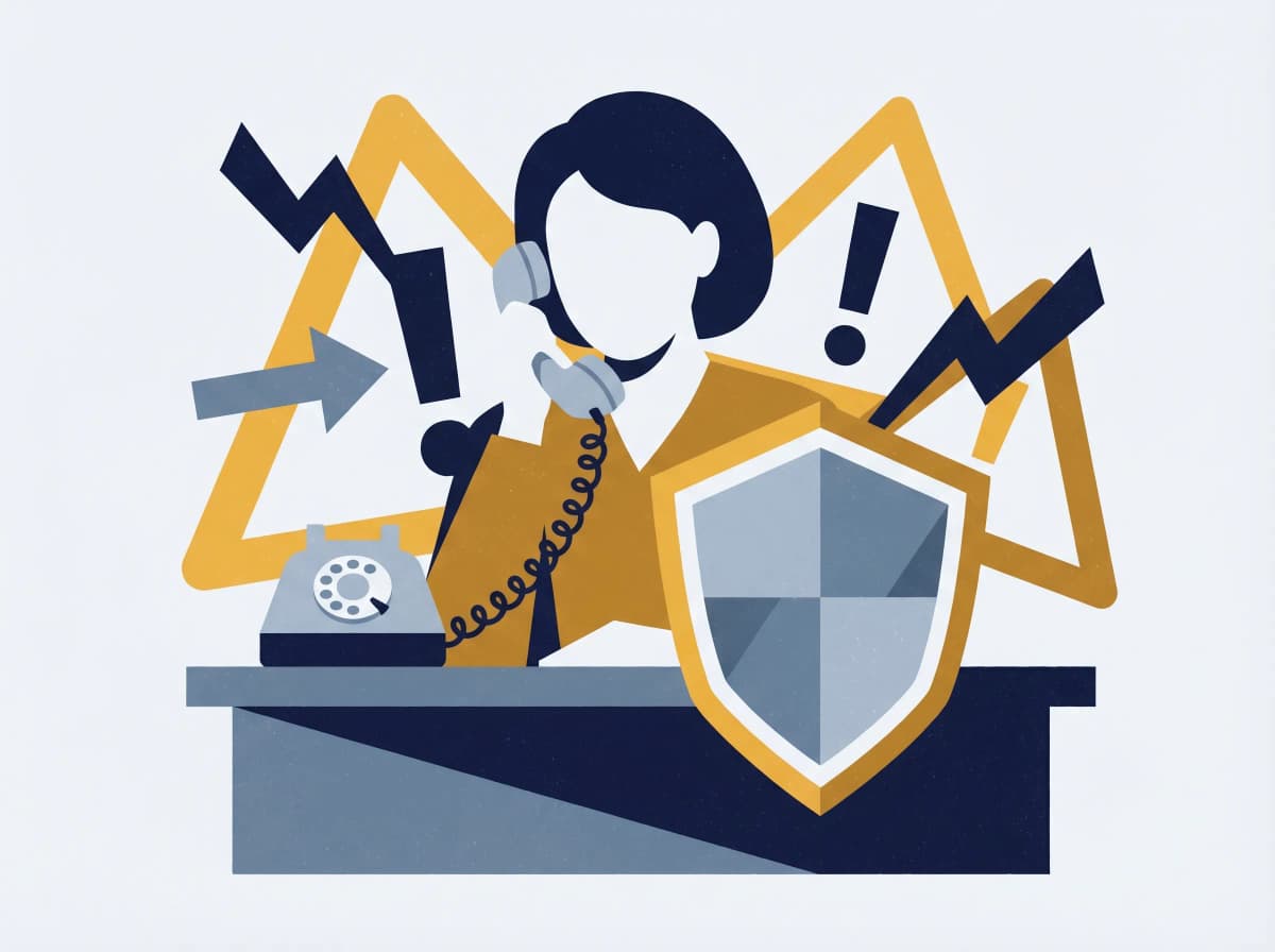 Person receiving a threatening scam phone call with shield protection