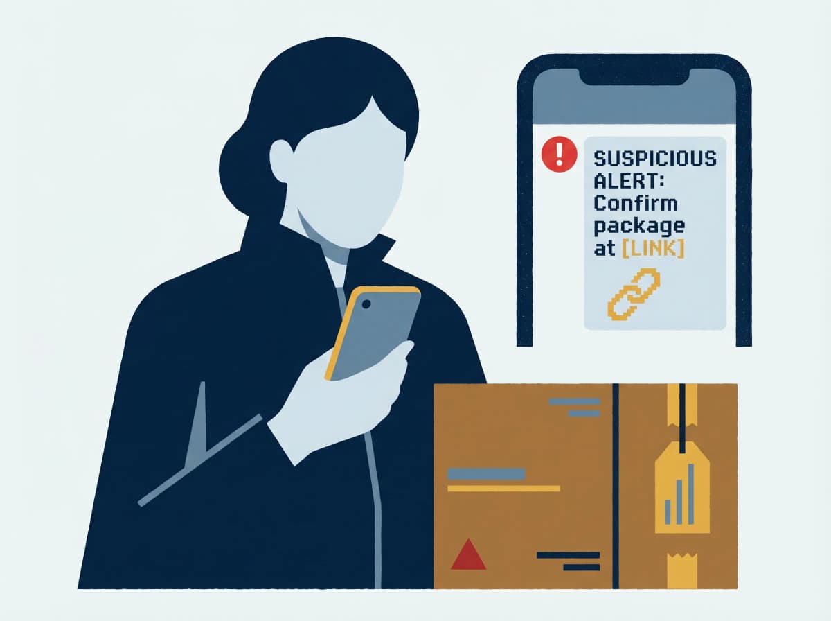 Person with a package receiving a suspicious delivery text with warning alert