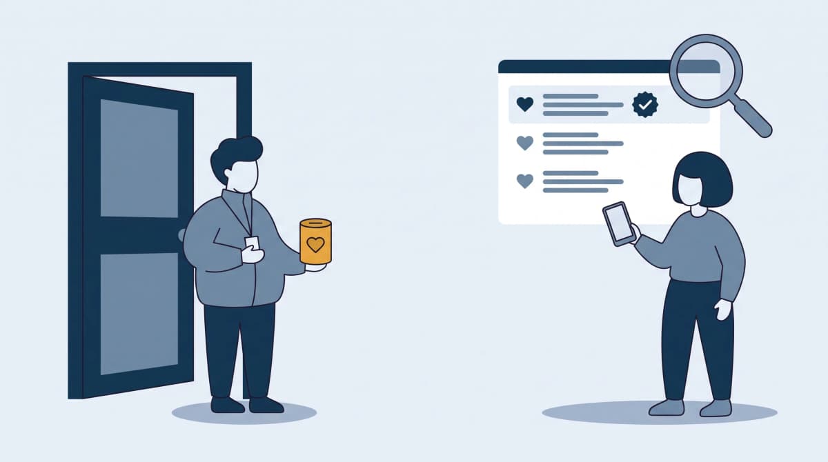 Illustration: a charity collector with a donation tin at the door while a homeowner checks the charity register on her phone