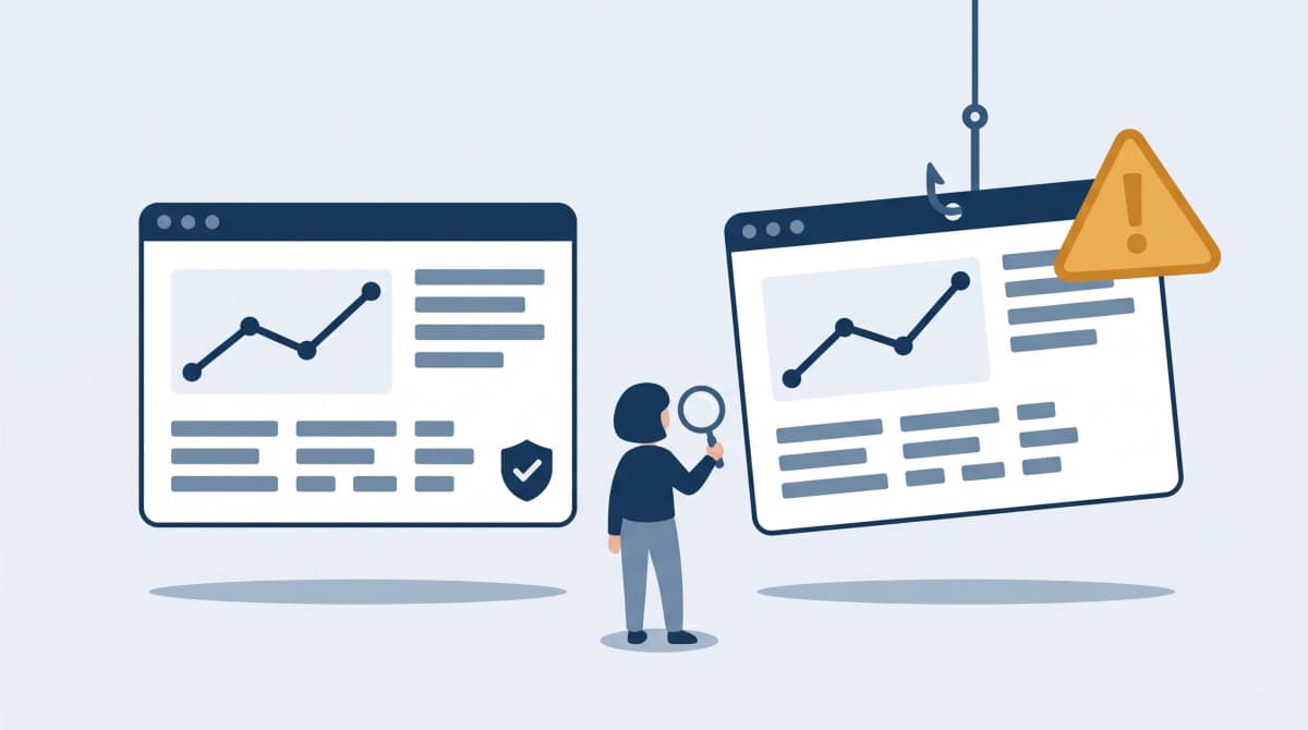 Illustration: a real trading website beside a near-identical lookalike hanging from a fishing hook with a warning triangle
