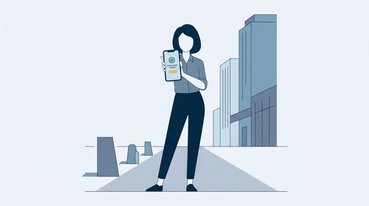 A faceless person standing on a city footpath holding up a smartphone showing a small green check-mark badge — a quiet pause before deciding whether to donate.