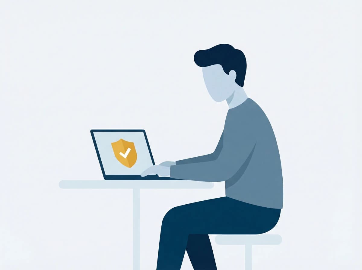 Illustration of a person using a laptop with a security shield