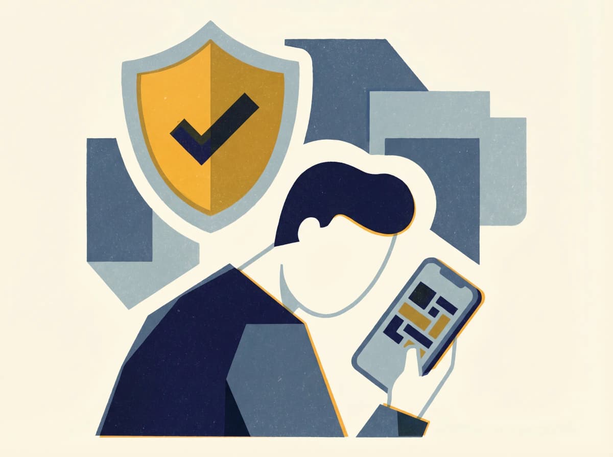 Person checking a suspicious message on their phone with a protection shield