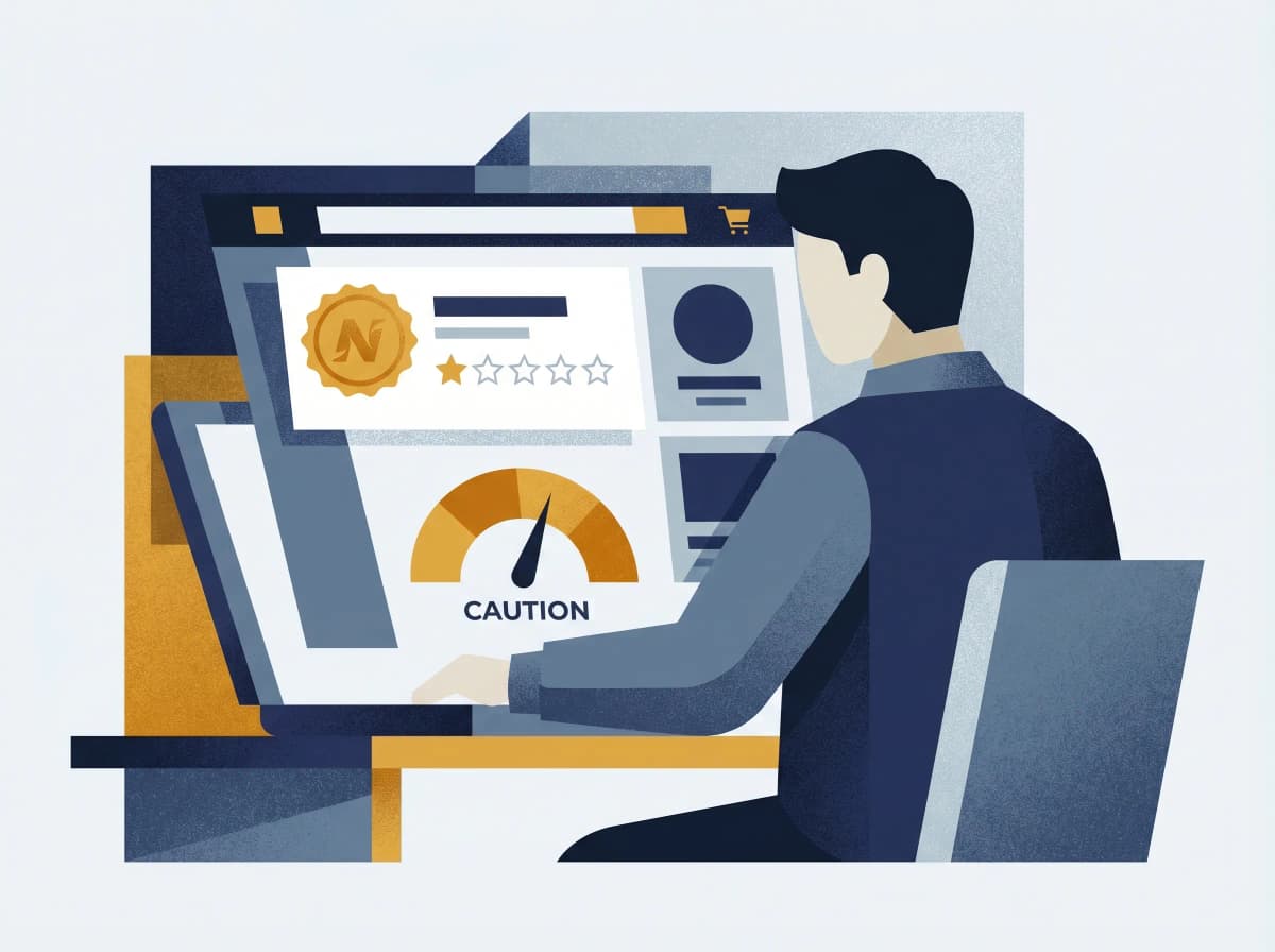 Person browsing online marketplace with caution trust score gauge on seller profile