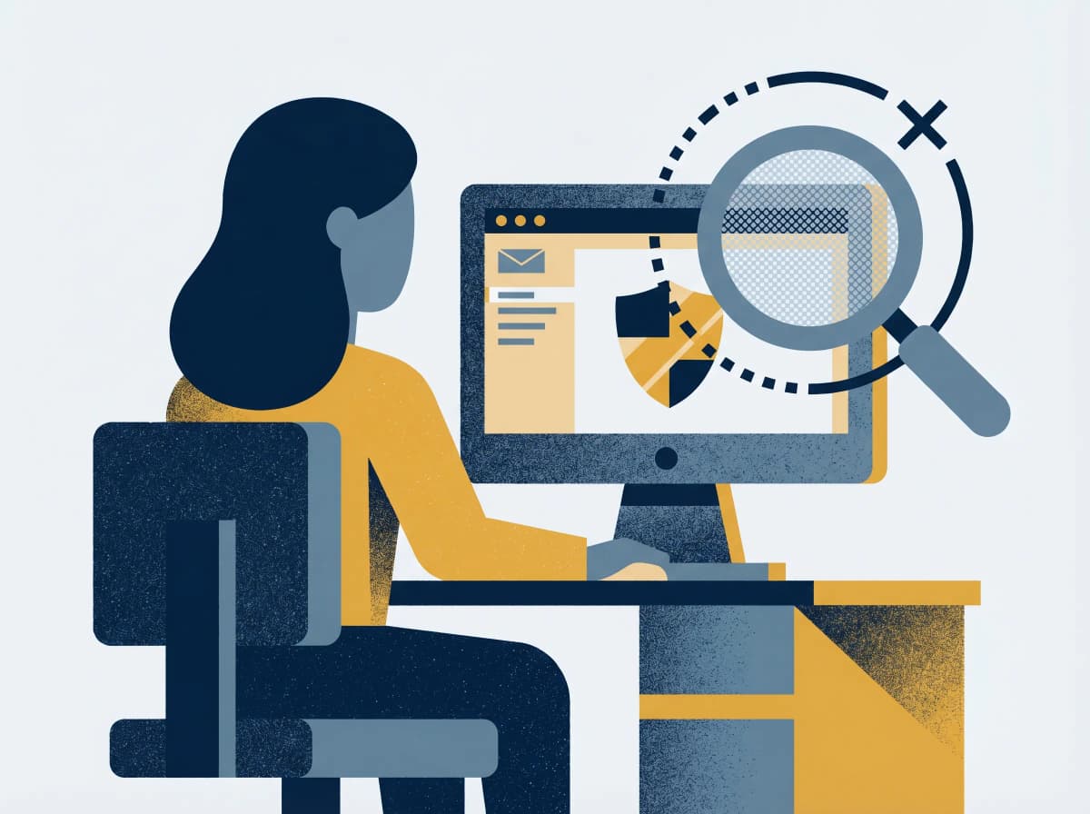 Person examining a suspicious email with a magnifying glass revealing it as fake