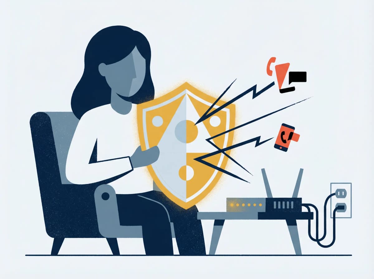 Person at home with wifi router holding a shield against scam phone calls