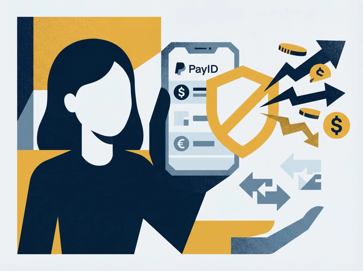 Person making a mobile PayID payment with shield blocking a scam transaction