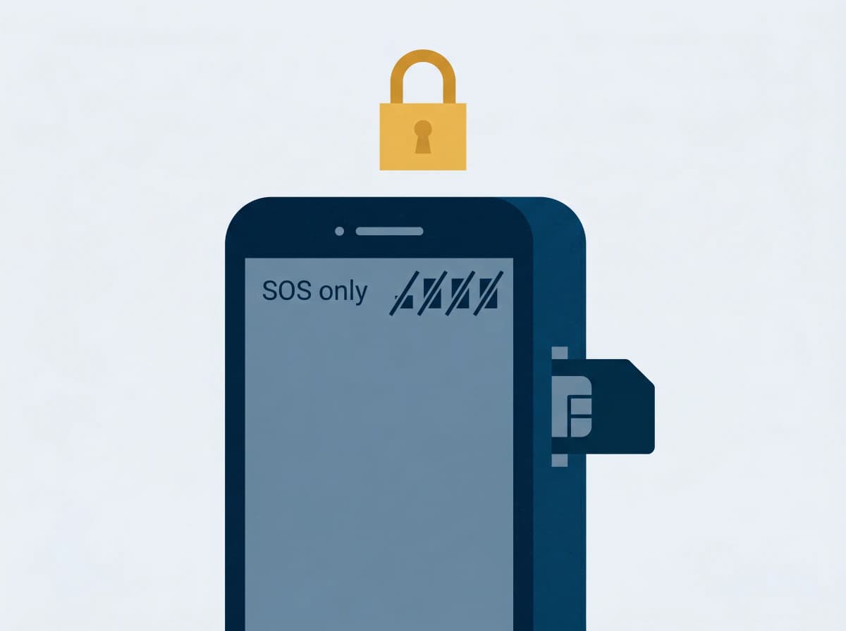 Illustration of a smartphone showing "SOS only" in the signal indicator with a SIM card being removed from the side slot