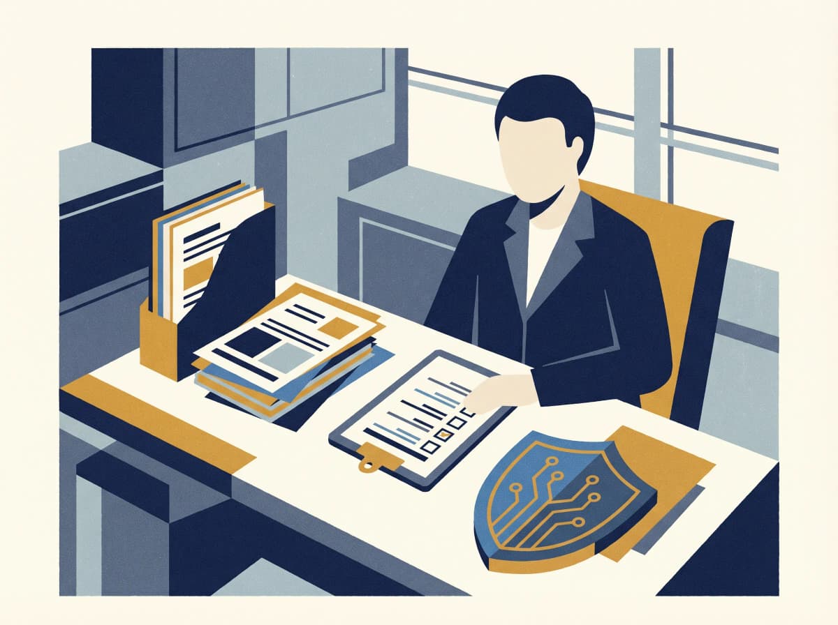 Business person reviewing regulatory compliance documents with digital shield