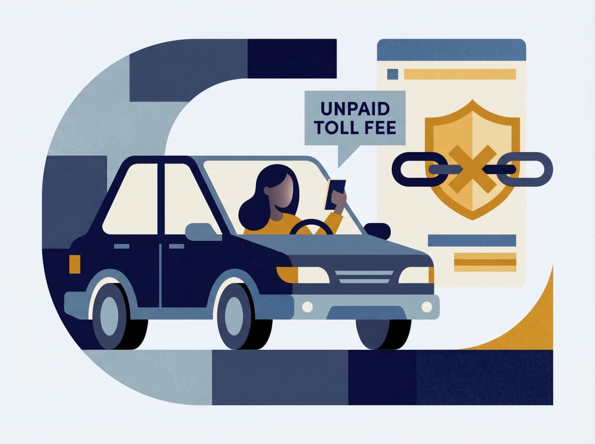Driver receiving a fake unpaid toll fee text message with shield blocking scam