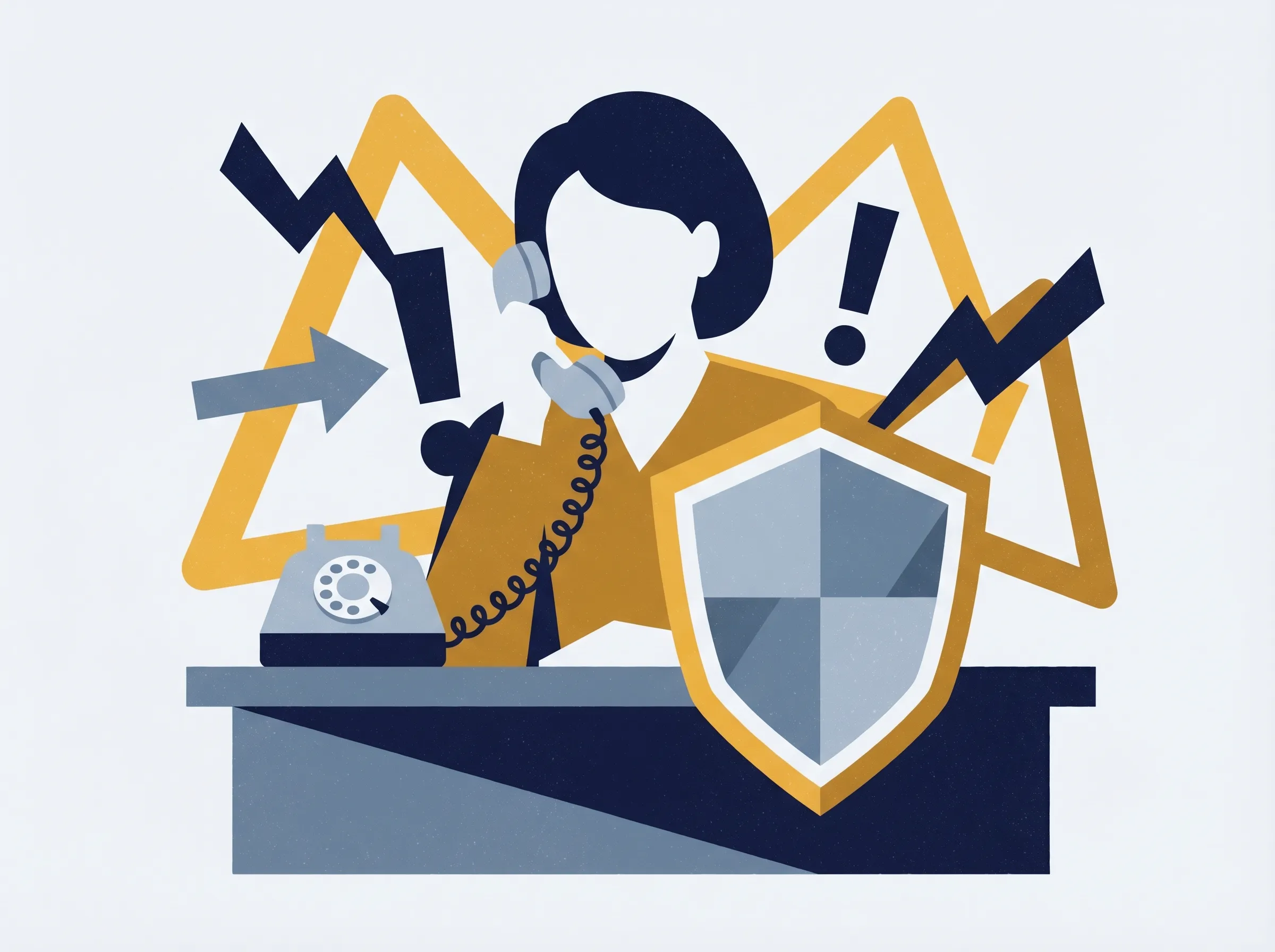 Person receiving a threatening scam phone call with shield protection