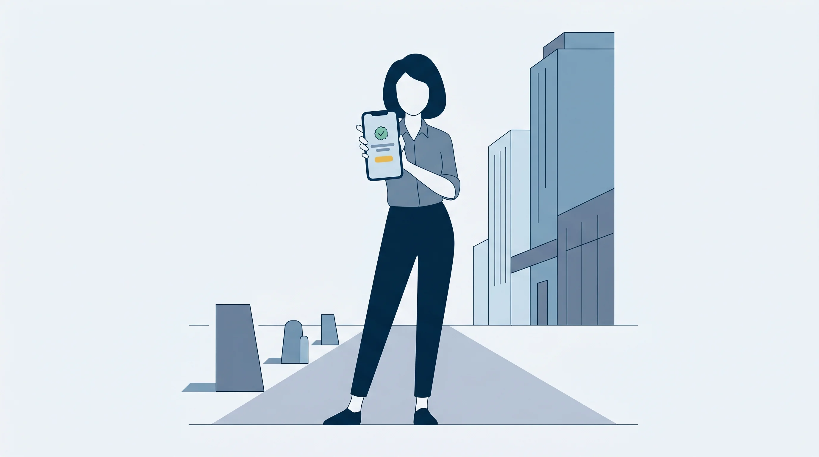 A faceless person standing on a city footpath holding up a smartphone showing a small green check-mark badge — a quiet pause before deciding whether to donate.
