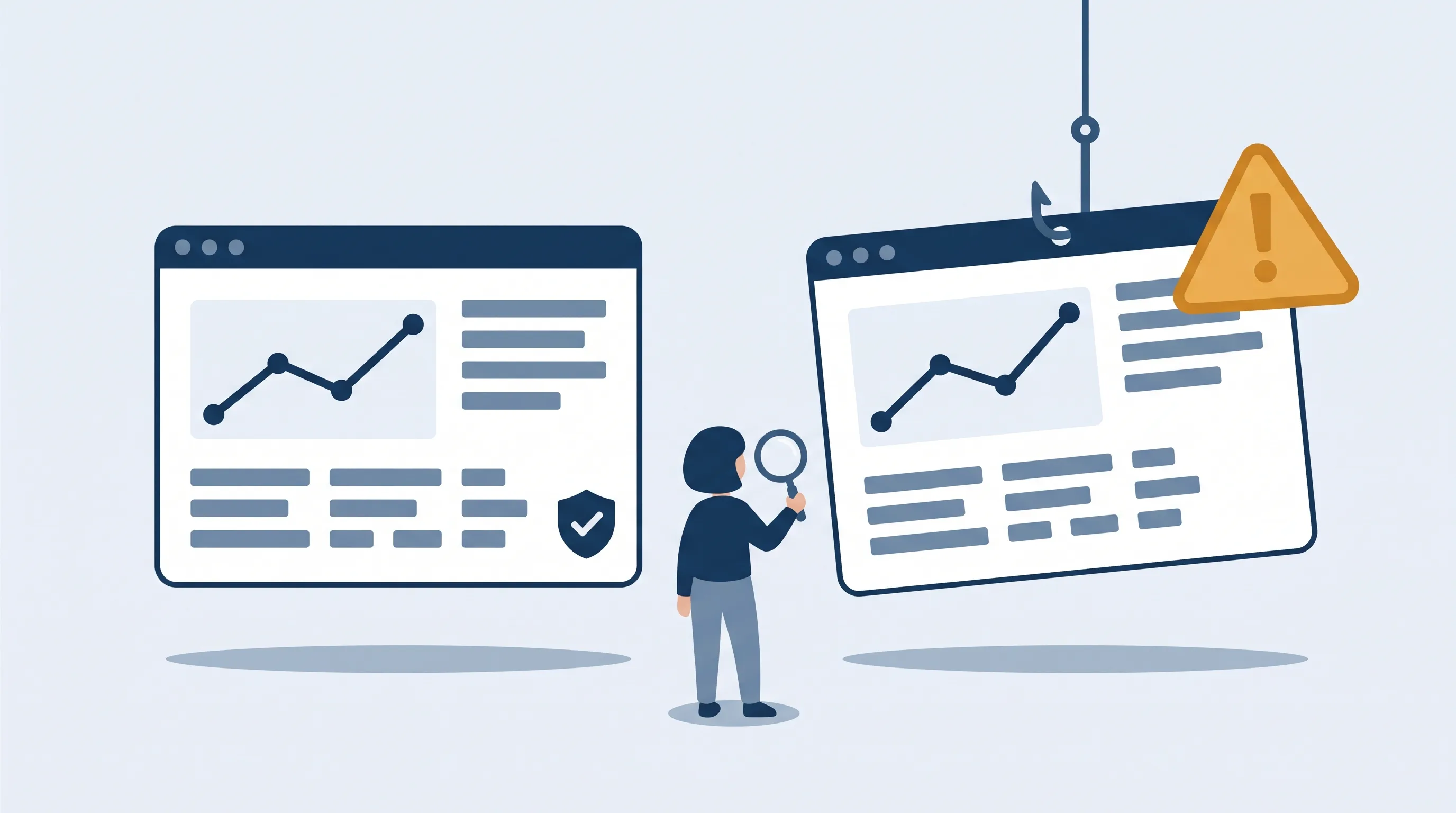 Illustration: a real trading website beside a near-identical lookalike hanging from a fishing hook with a warning triangle