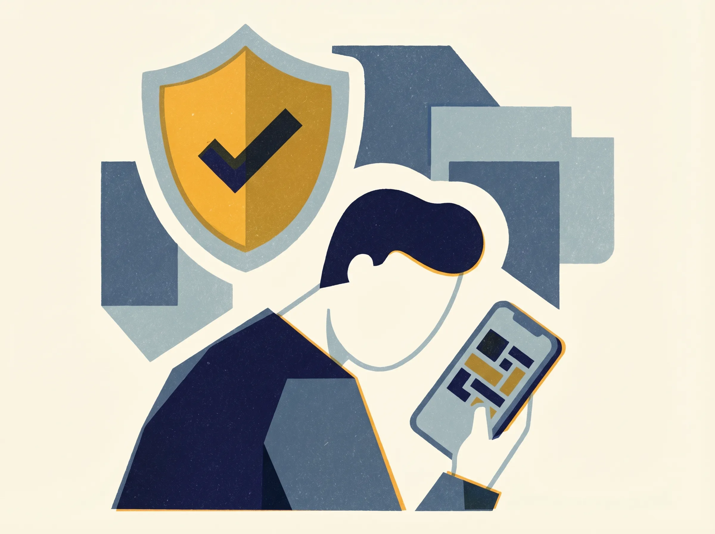 Person checking a suspicious message on their phone with a protection shield